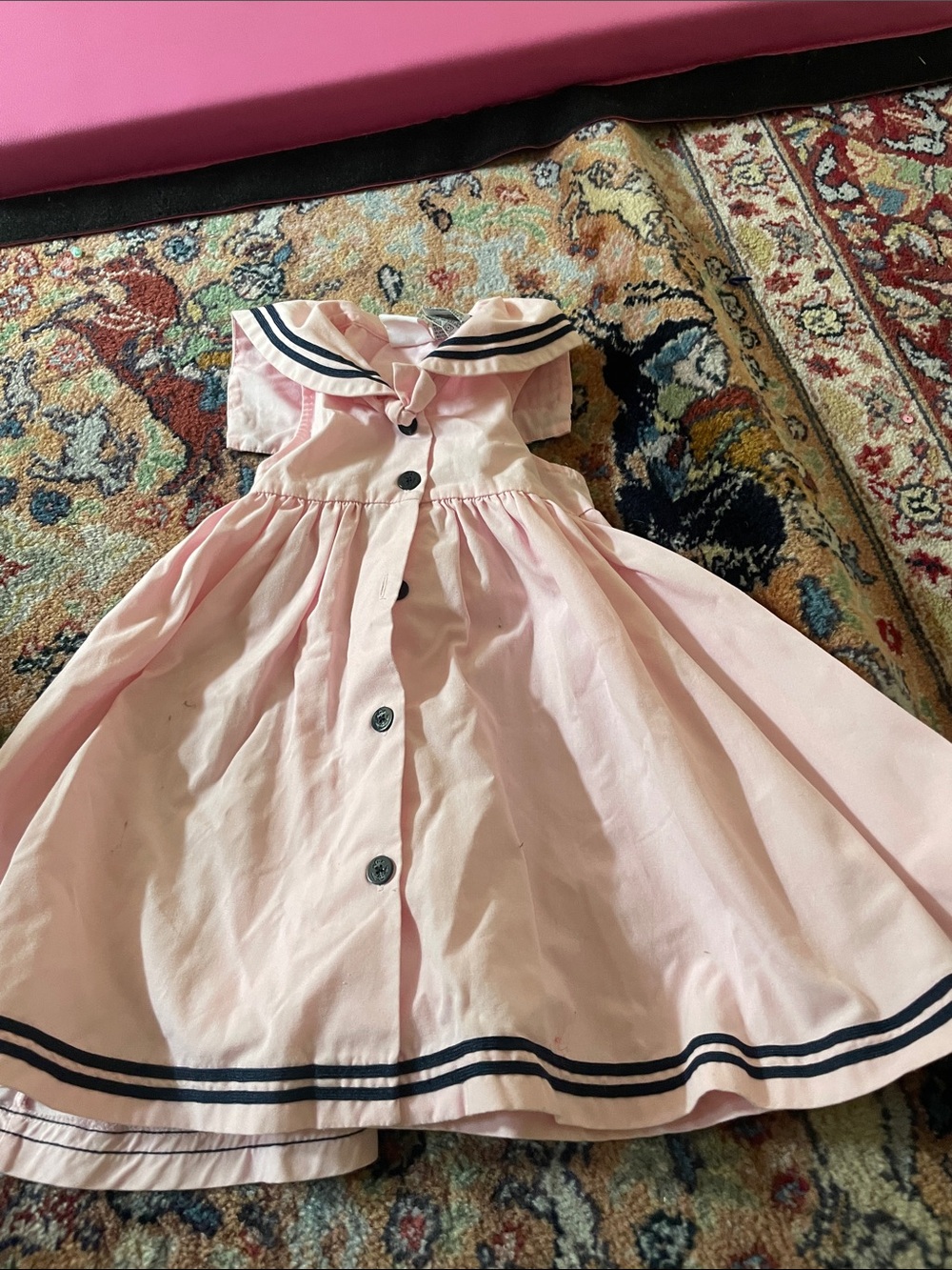 Girls' Pink Sailor-Style Button Front Dress with Navy Trim